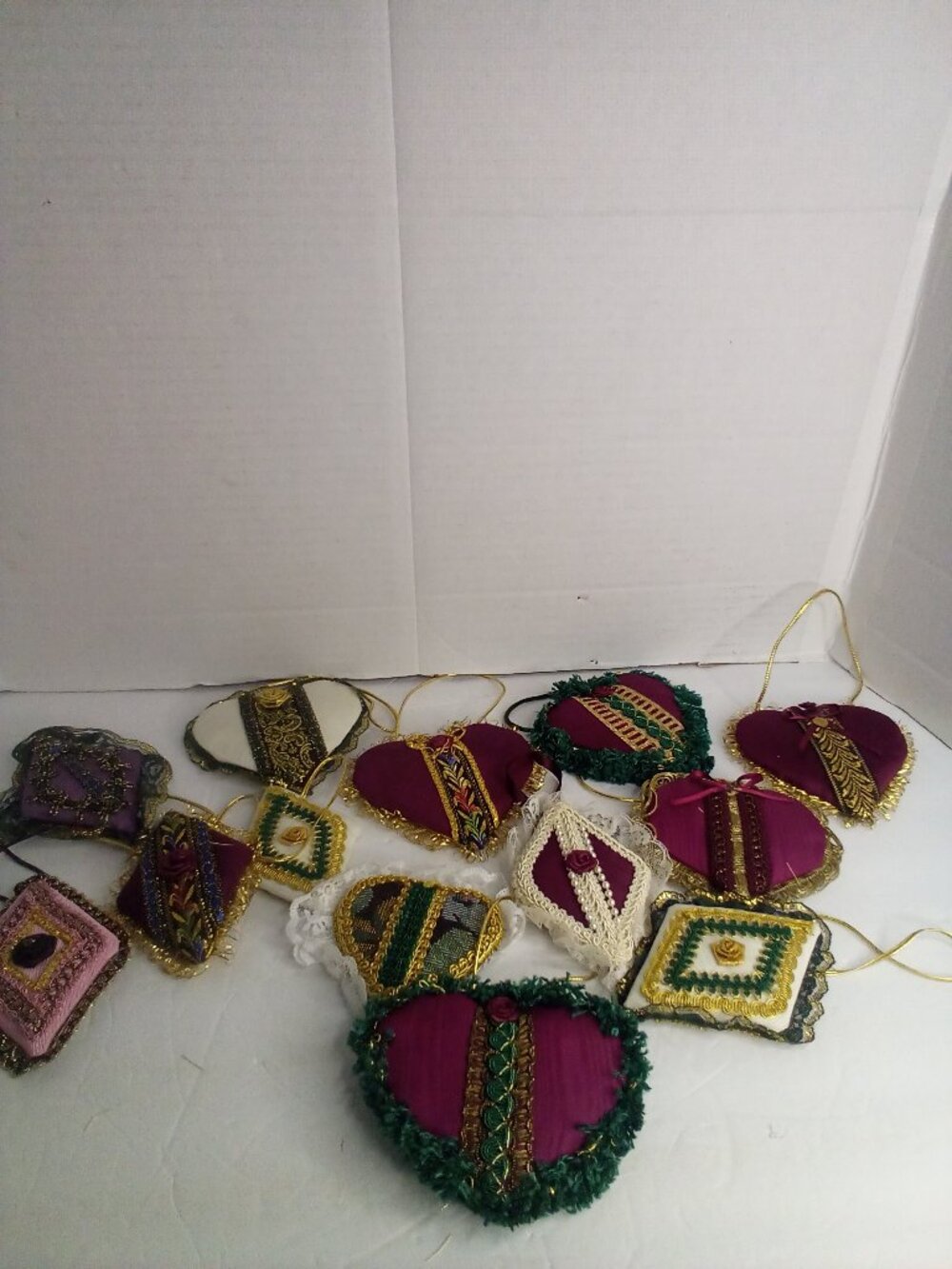 Handmade Fabric Lace Padded 13 Ornaments Cottagecore Purple Green Heart Diamond